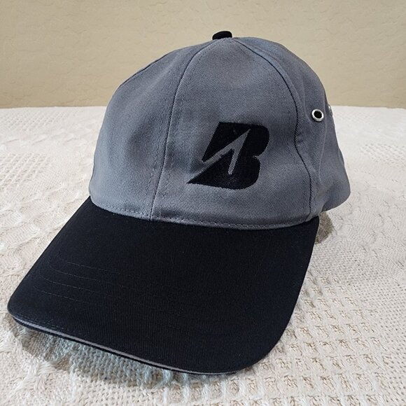 Bridgestone Golf Gray Black 6 Panel Head Shots Tuck Strap Baseball Cap Hat - Picture 1 of 11